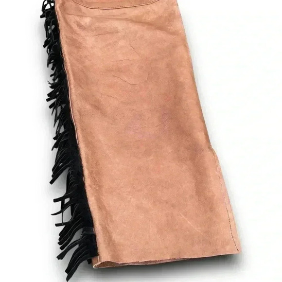 Vintage Western Brown Leather Pants Handmade Black Fringe 6P Straight Leg Chic - Picture 12 of 15